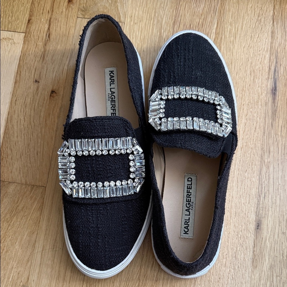 Karl Lagerfeld Black Flats with Silver Embellishments